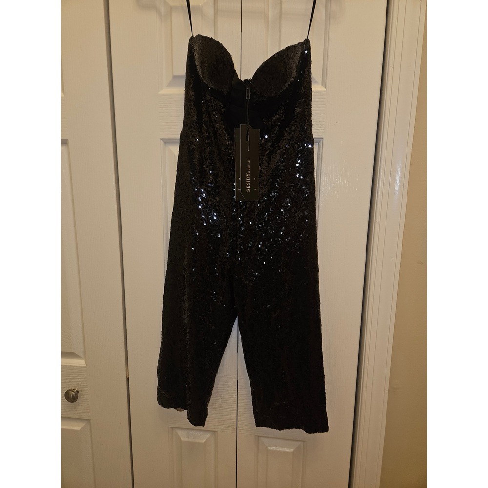 Sesidy Black Sequin Jumpsuit Strapless‎ Sweetheart Cutout Back Party Evening S